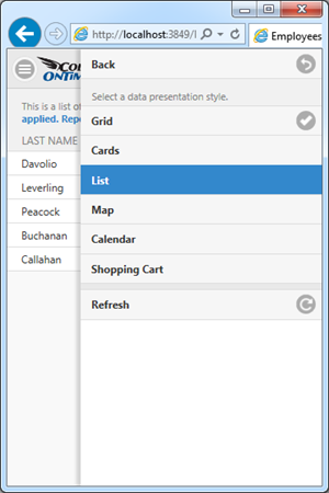 Choosing desired view style in Touch UI app created with Code On Time.