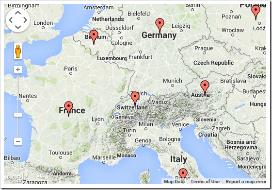 A map chart using map type of 'terrain'.