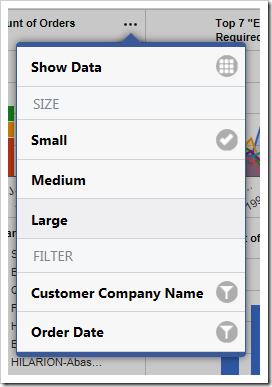 The user is able to change the size of the charts using the context menu in the top right corner of each chart.