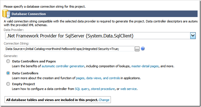 Configuring a sample project without pages in Code On Time app generator.