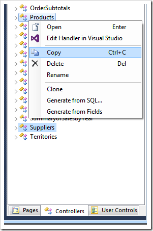 Copying two data controllers to clipboard in Project Explorer of Code On Time app builder.
