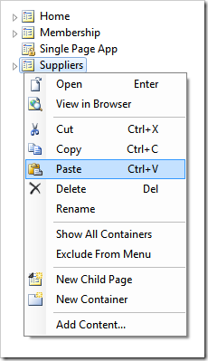 Pasting data controllers on a page in Project Explorer of Code On Time.