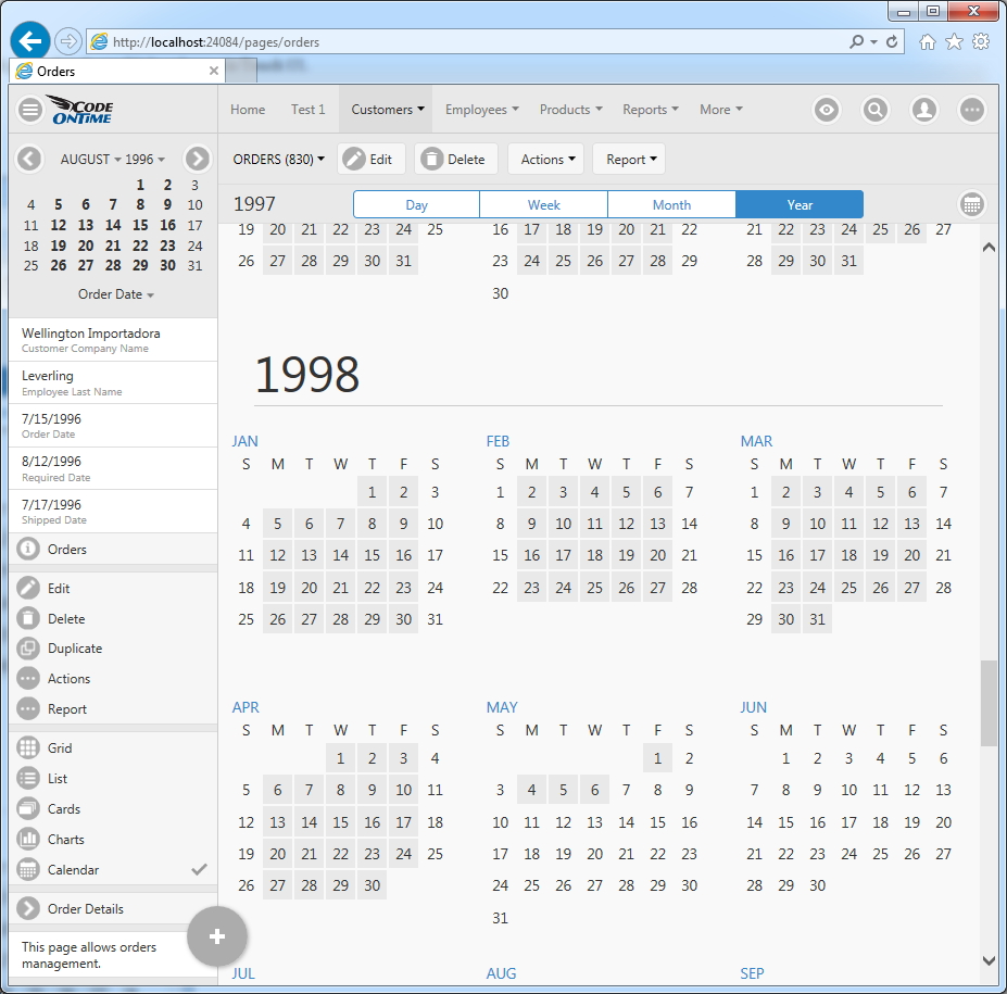 Year mode of Calendar view style in Touch UI