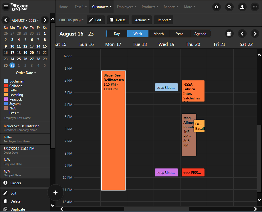 'Week' mode in calendar view of an app created with Code On Time.