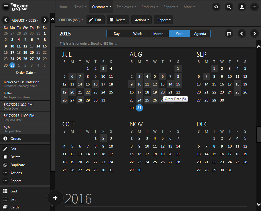 'Year' view in Calendar view style of an app created with Code On Time.