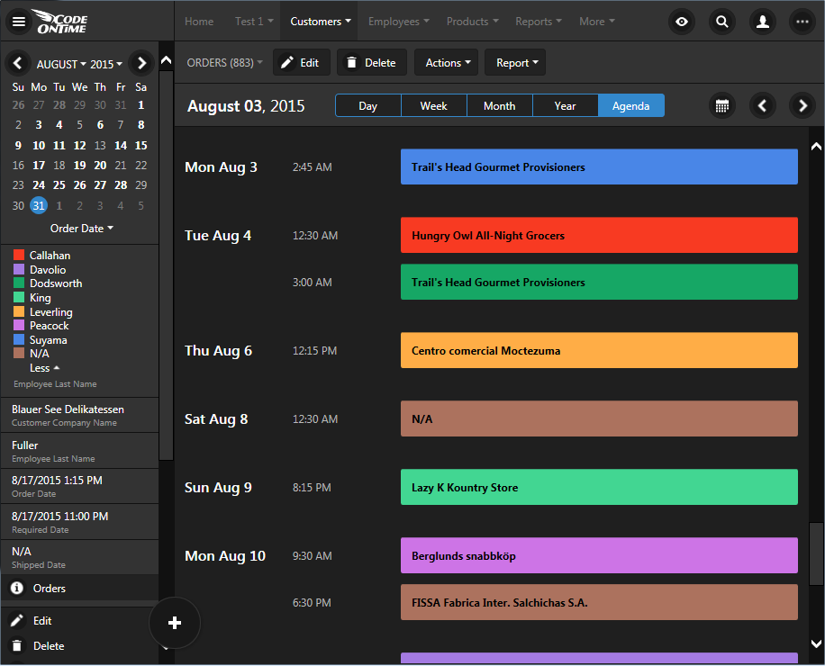 'Agenda' view in Calendar view style of an app created with Code On Time.