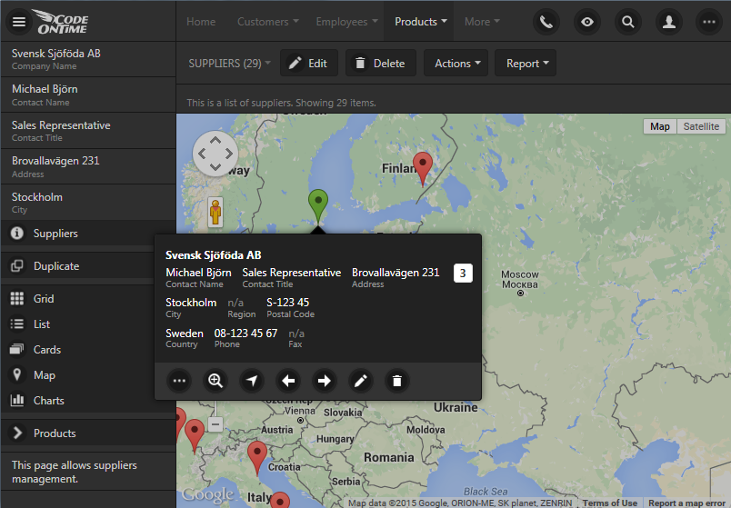 Your data is displayed in real world in Map view style of an app created with Code On Time.