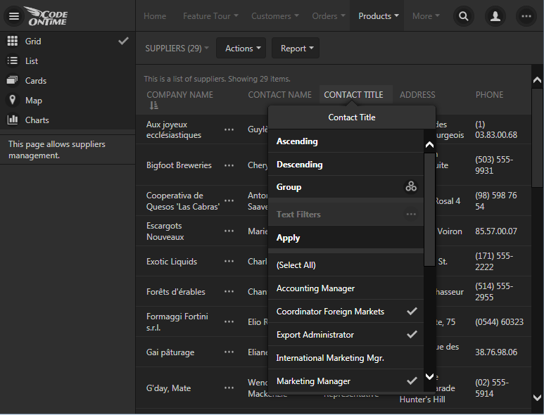 Multi-value filters are available in columns of responsive Grid view style in apps with Touch UI.