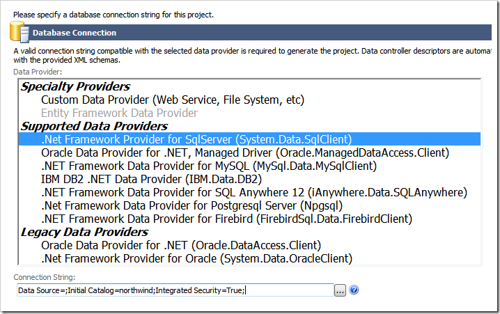 Database connection configuration in Code On Time application generator.