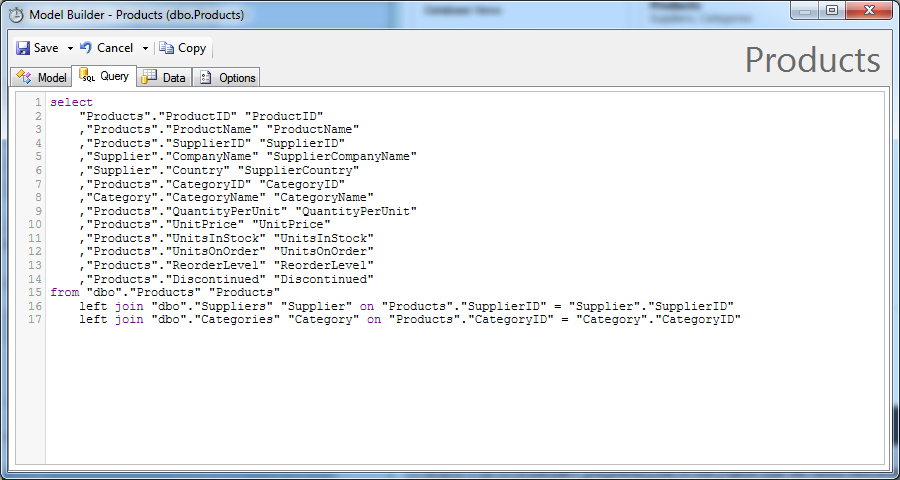 Query of the Products model in Code On Time application generator.