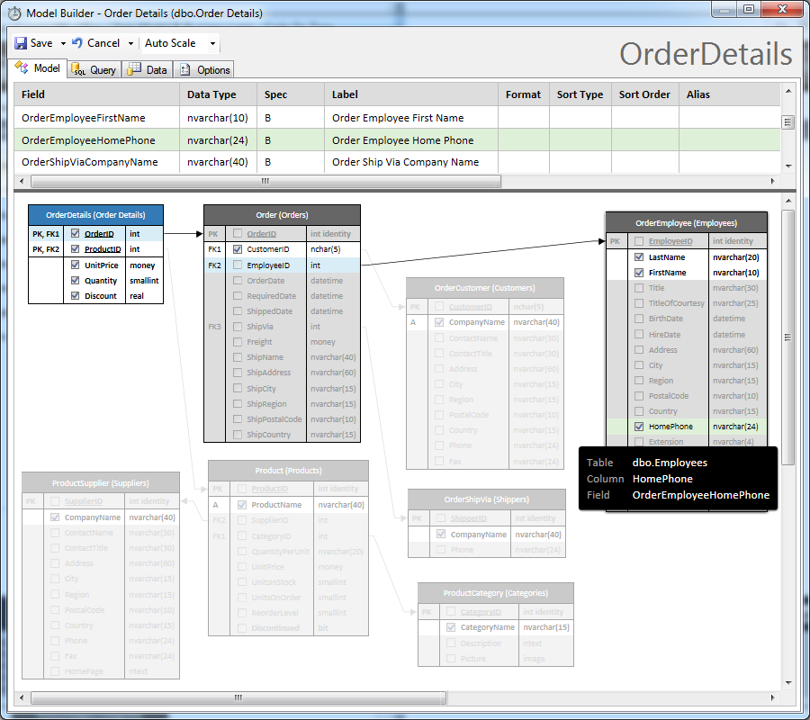 Visual relationship tracking in the model of OrderDetails entity in the Northwind sample created with Code On Time application generator.