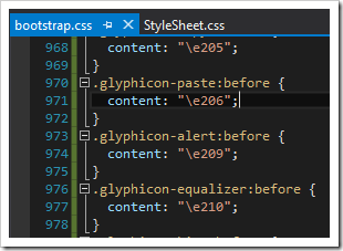Finding the correct character code in the 'bootstrap.css' file.