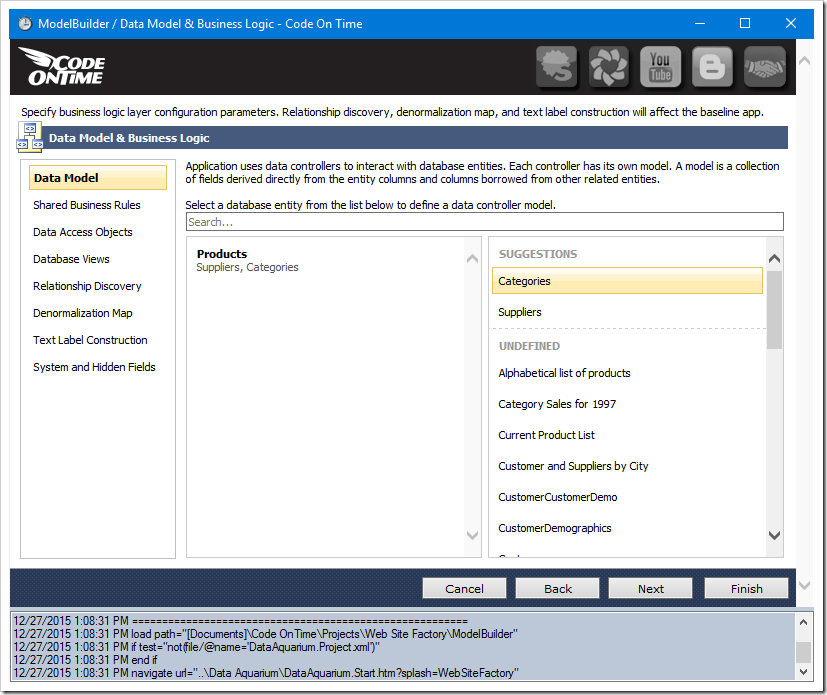 Creating data models for suggested database entities.