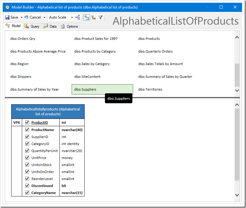 Adding a table from the list of available tables.