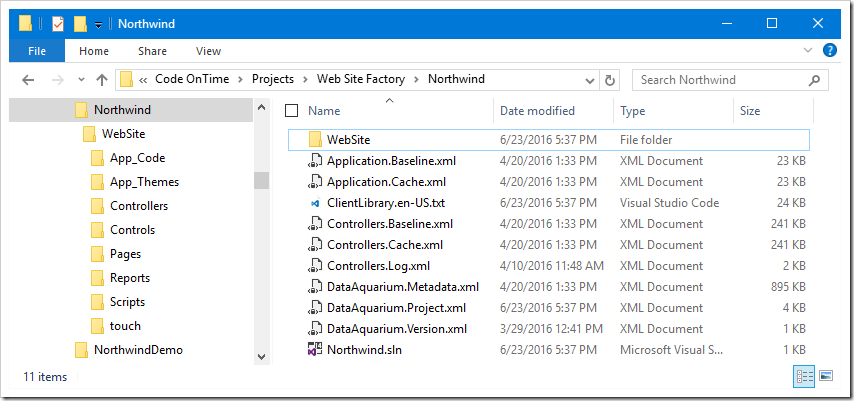 Folder layout of Web Site Factory project.