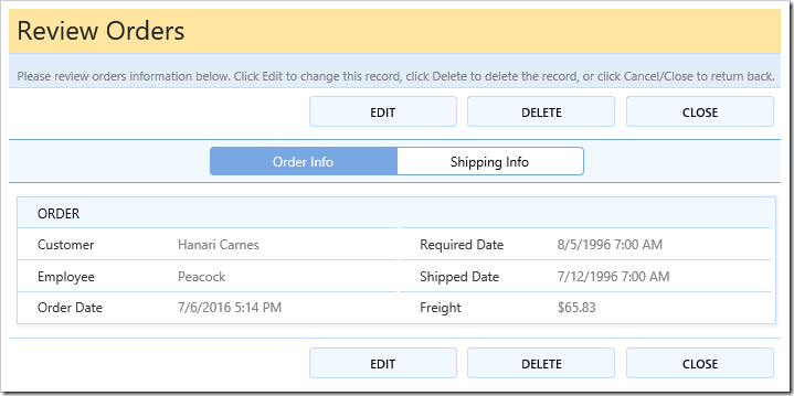 Orders editForm1 view rendered in multiple columns.