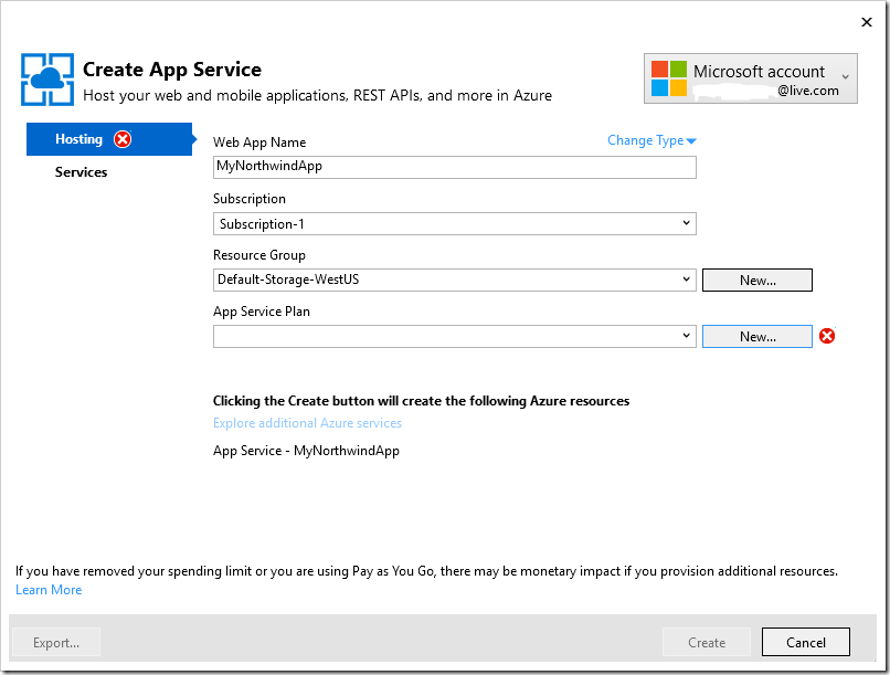 Specifying a web app name and app service plan for the azure deployment.