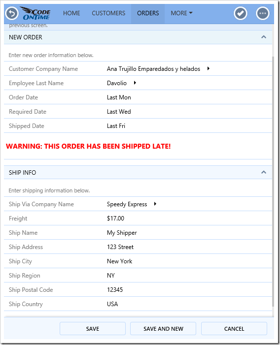 Warning displayed in New Order form conditionally.