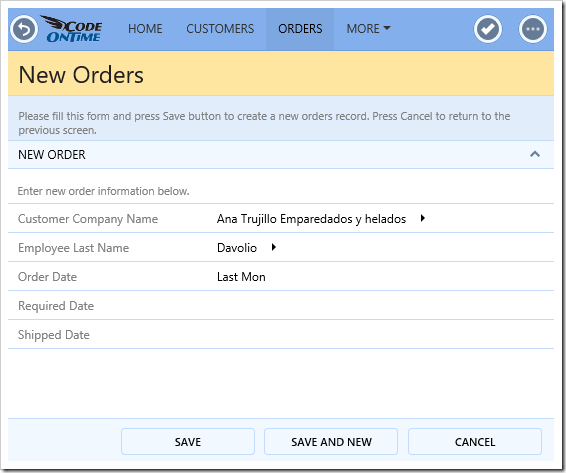 The ShippedDate data field appears when OrderDate is set.