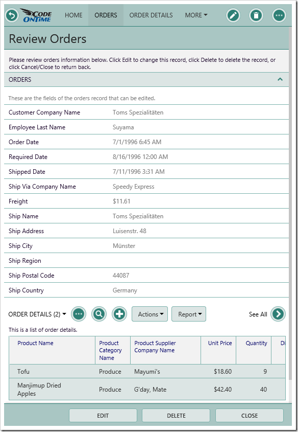 A list of order details is displayed in the order form.