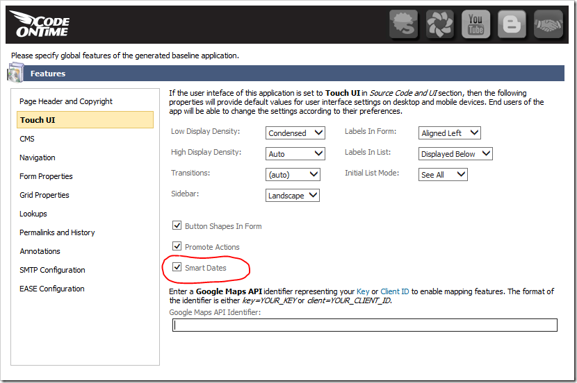 Modifying the default value for Smart Dates in the Features page of the Project Wizard.