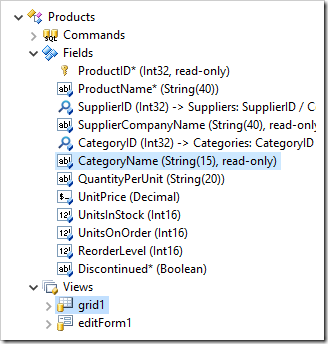 Dragging CategoryName field onto grid1 view.