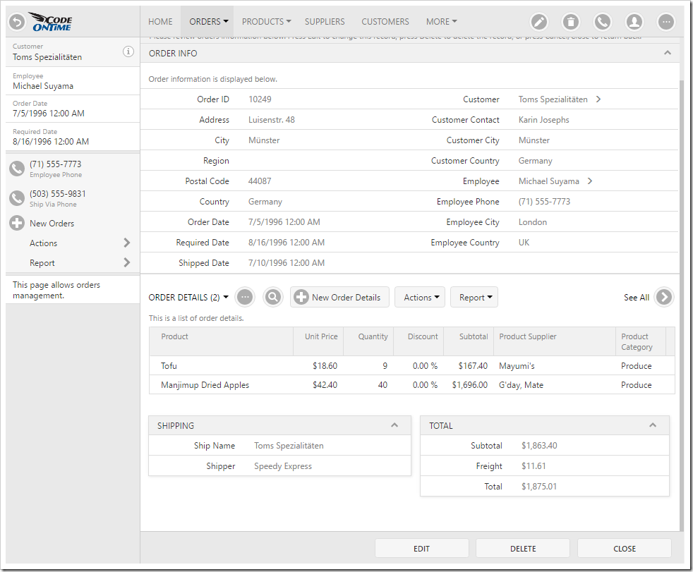 The Orders Form in Northwind Demo on larger screens will be rendered in two columns.