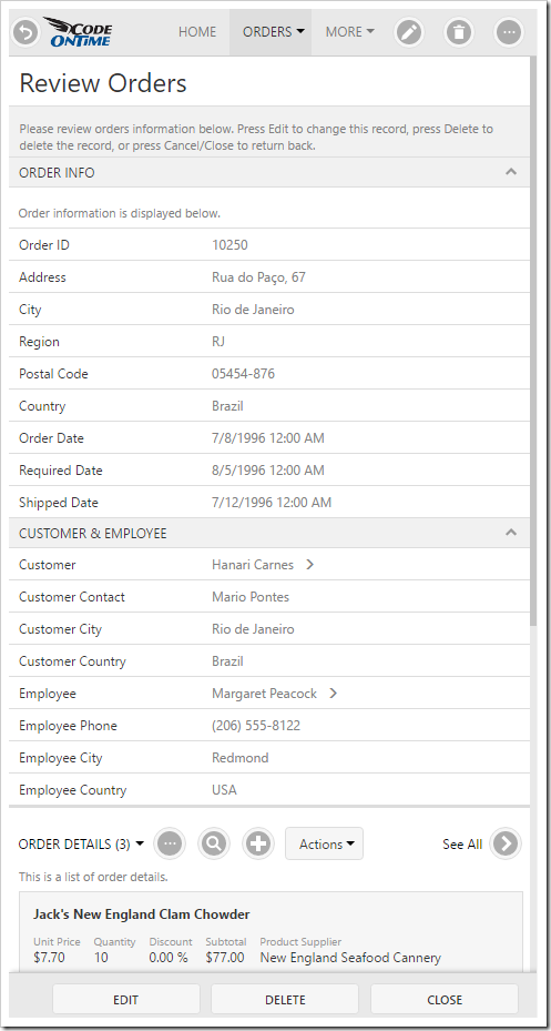 The Orders Form in Northwind Demo on smaller screens will be rendered in one column.