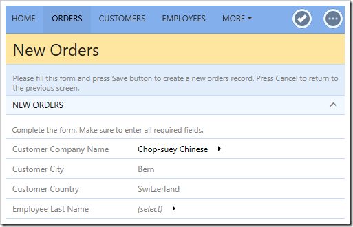 Selecting a customer in New Orders form will copy the City and Country values.