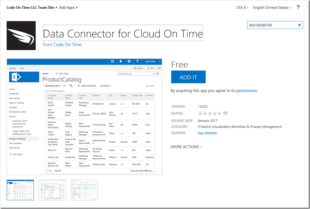 Adding the Data Connector for Cloud On Time app in the SharePoint Store.