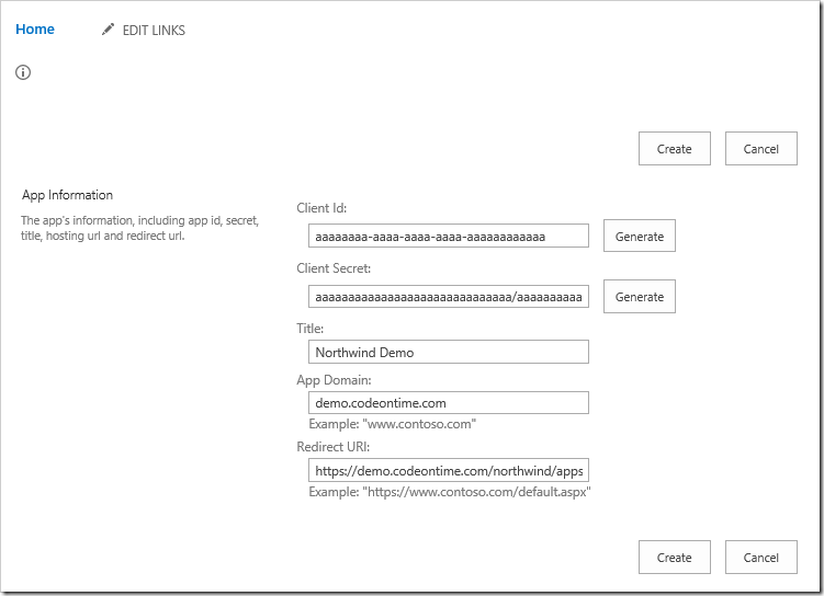 Specifying the new app registration properties.