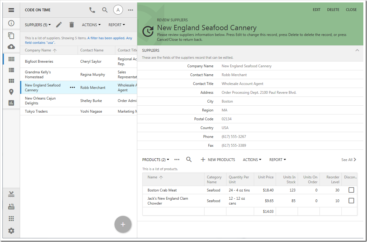 Split view displayed on Suppliers page created with Code On Time.