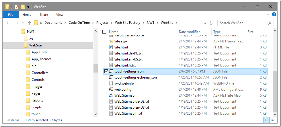 Opening the "touch-settings.json" file under the WebSite folder of the project directory.