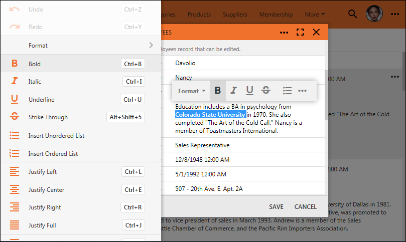 The panel of RTF options activated from the built-in RTF editor in apps with Touch UI.