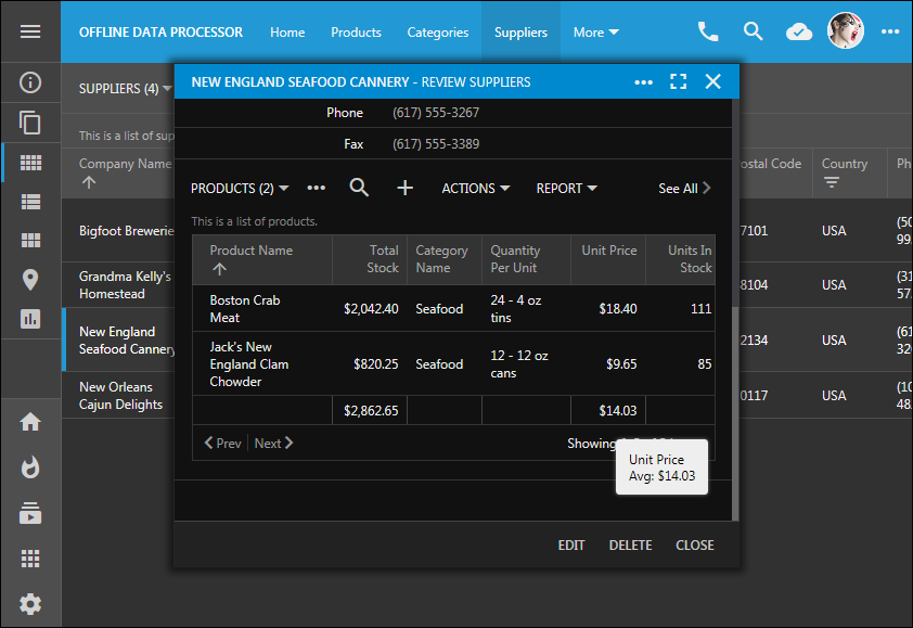 Dark theme with Aquarium accent in the app created with Code On Time.  The form view is open and the Data View field is visible in the form.