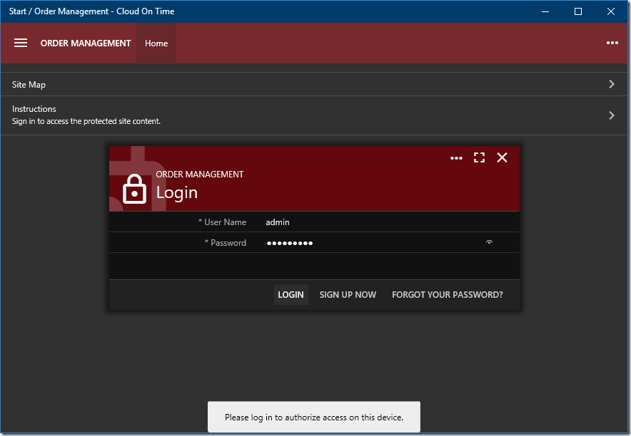 Logging in to add Order Management cloud to native Universal Windows Platform app Cloud On Time.