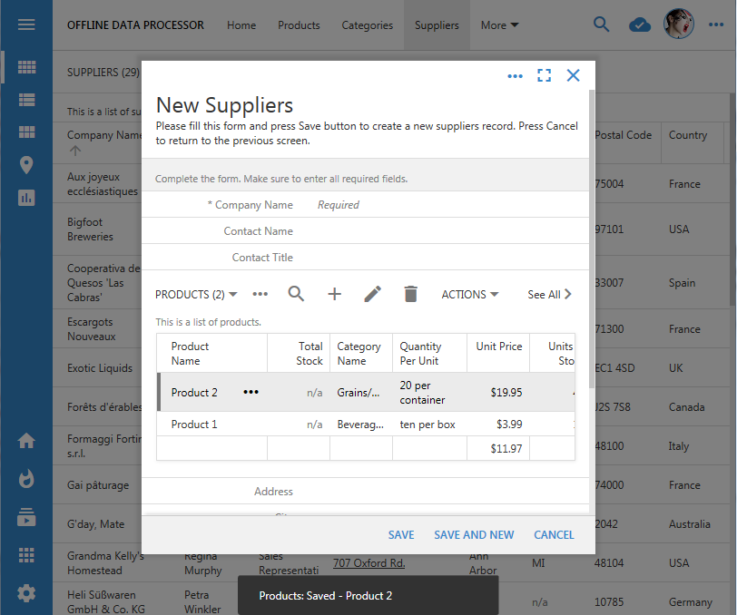 A modal master-detail form in NEW mode allows transactional data input with the help of Offline Data Processor from Code On Time.