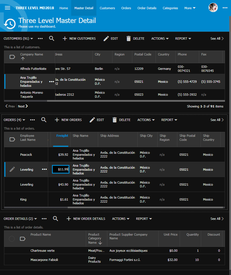 Three-Level master detail page in app created with Code On Time.