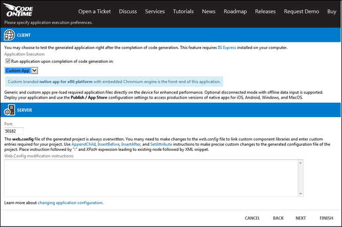 Code On Time developers can run the custom native app front end as the client during the development process.