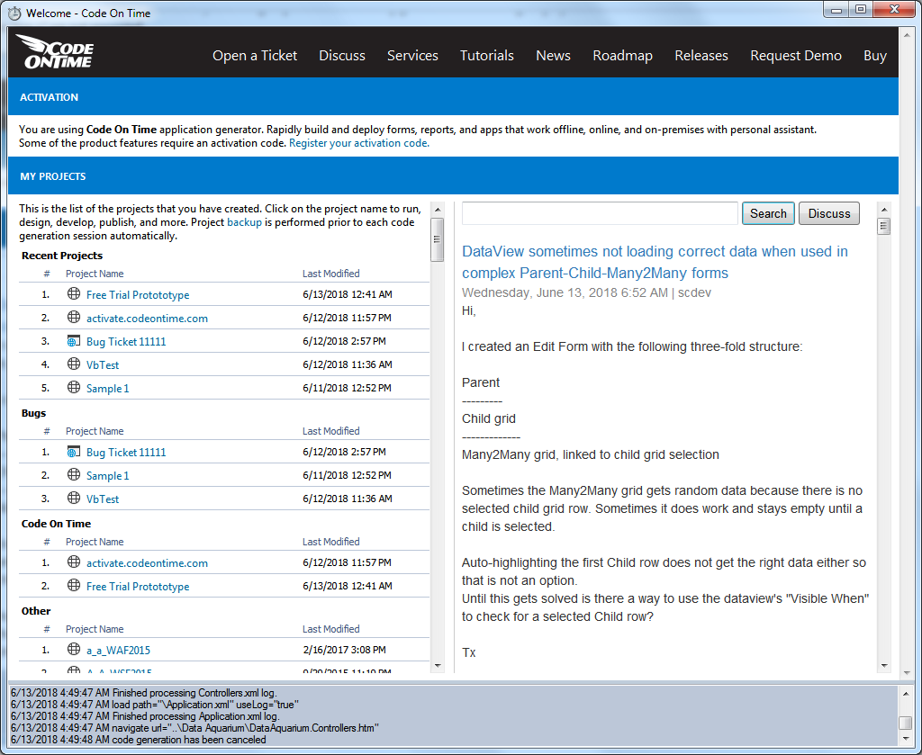 The start page of Code On Time displays groups of projects.