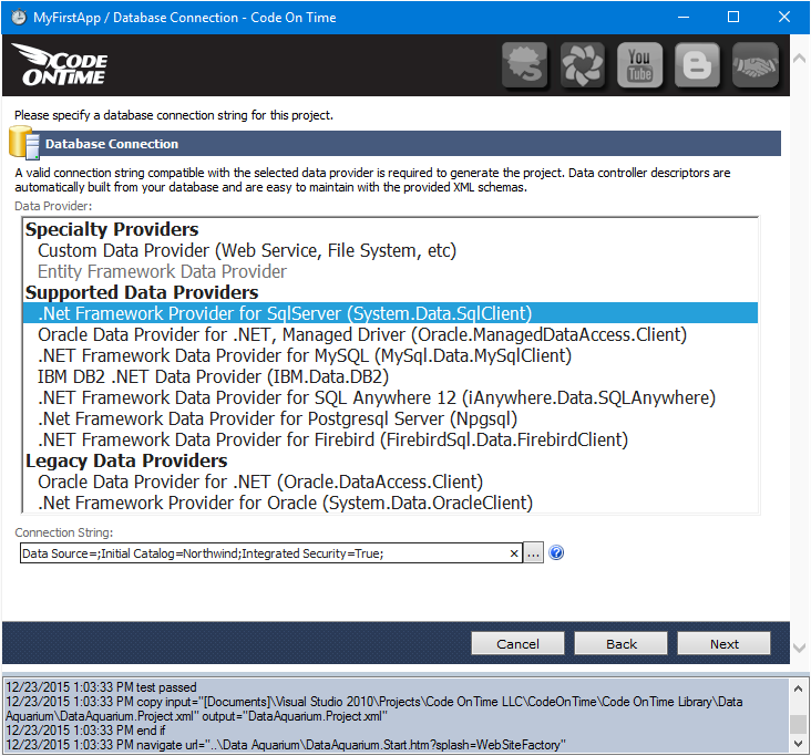 Connecting to your database in Code On Time web app generator.