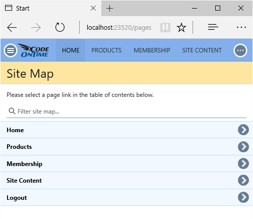 The generated application now has one data page in the site map.