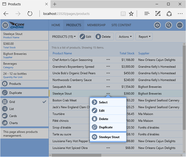 The new Products page allows Creating, Reading, Updating, and Deleting records defined by the Products data model.