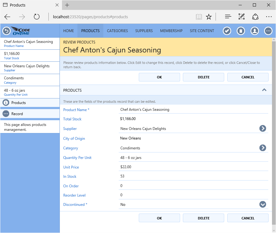 Products edit form with lookups configured for Category and Supplier.