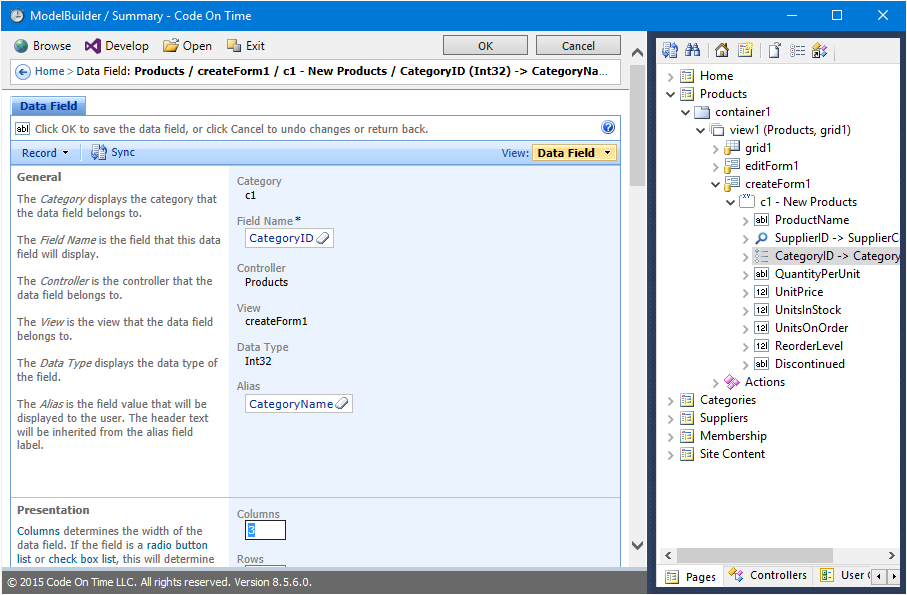 Using the Project Designer to change the CategoryID lookup binding on createForm1 to 3 columns.