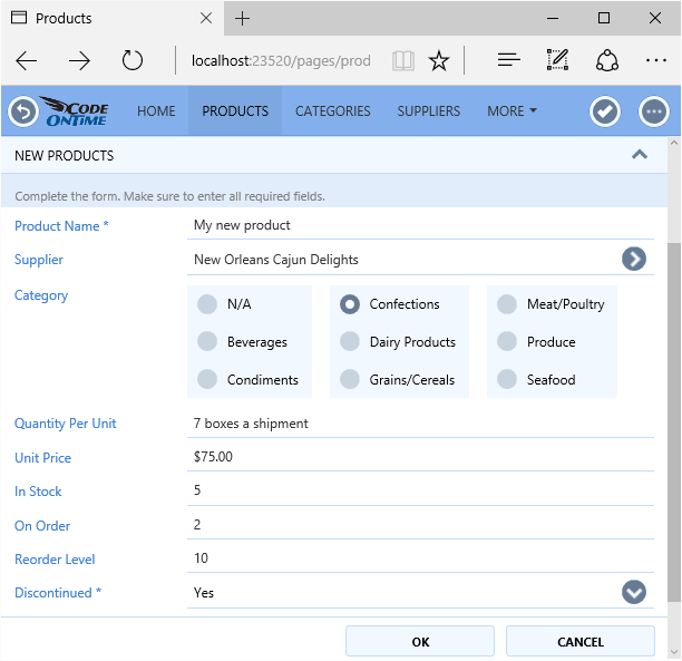 The new Products create form now shows Category lookup rendered as a radio button list in three columns.