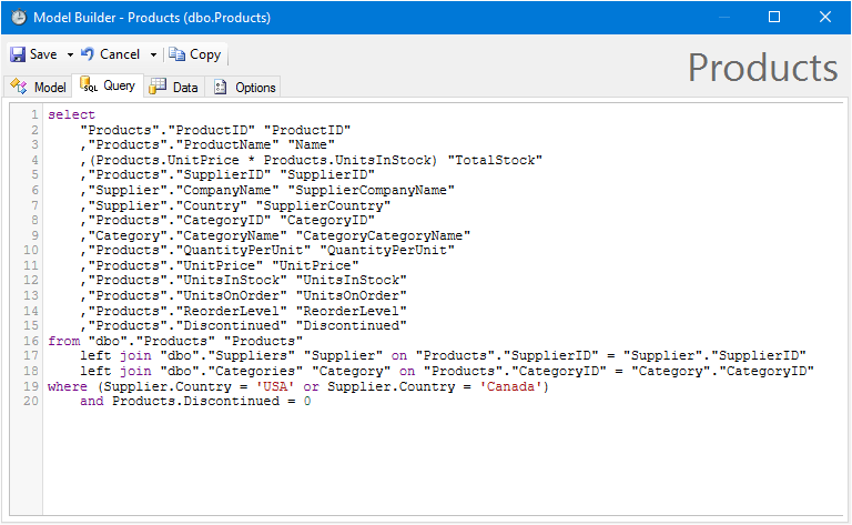 Viewing the automatically created SQL query for the data model.