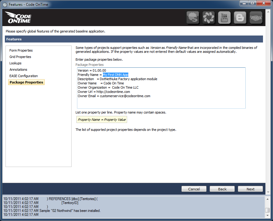 DotNetNuke package properties