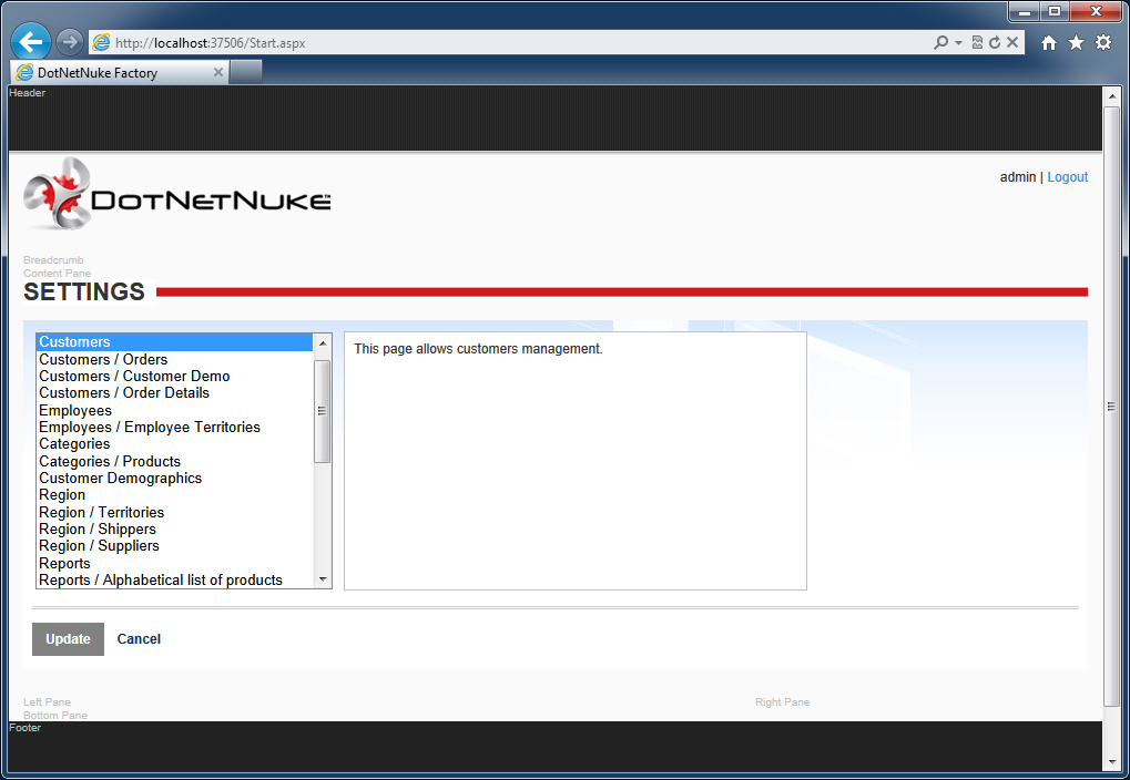 Select the DotNetNuke virtual page