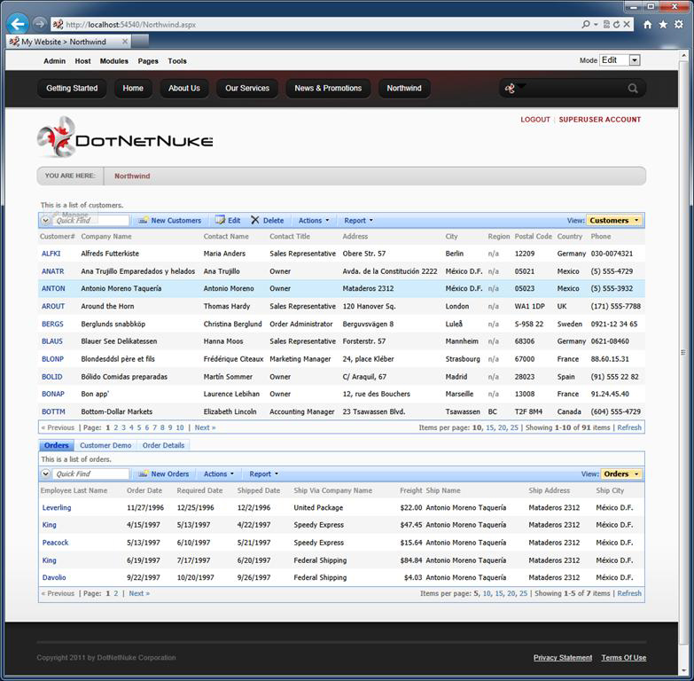 Advanced DotNetNuke Factory web application created with Code On Time Generator